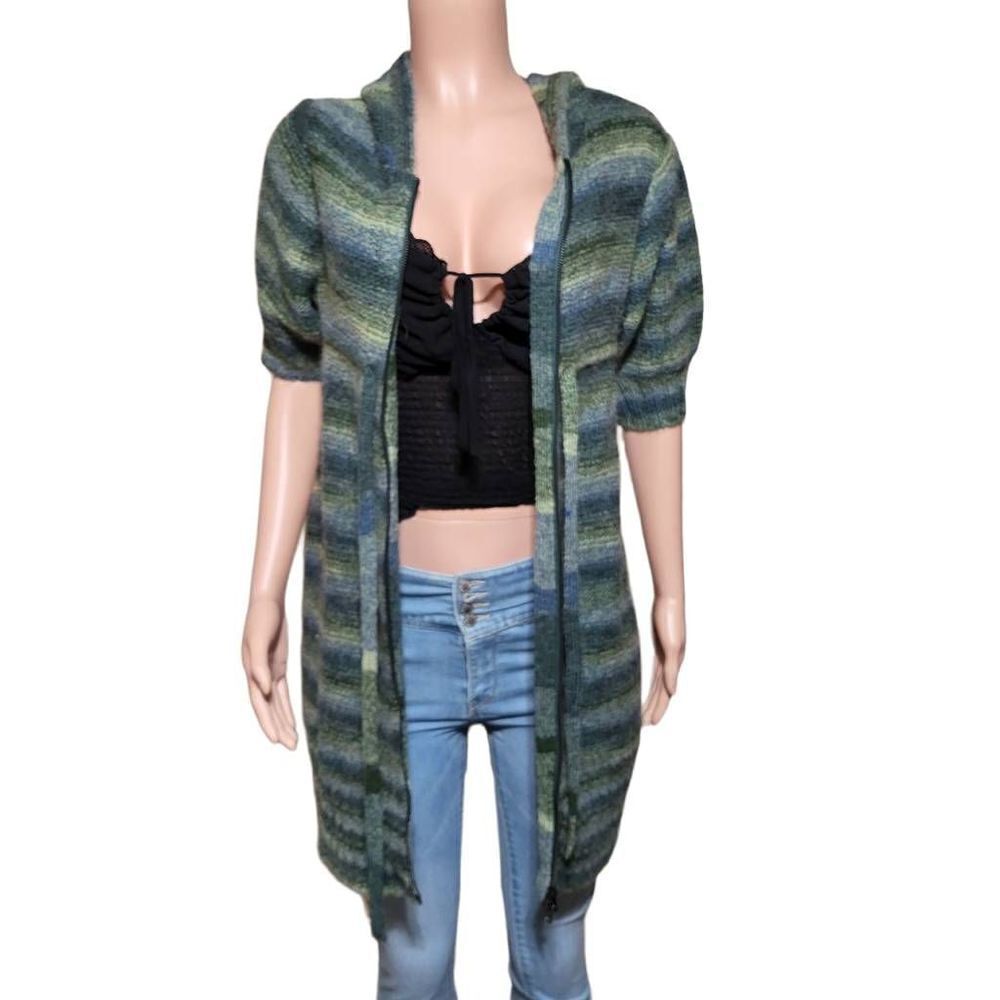 Dex zip up short sleeve knit popover long green cardigan sweaterM
